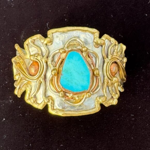 Vintage Turquoise Brutalist Mixed Metal Cuff Bracelet Copper Bronze Silver Tone - Picture 3 of 6